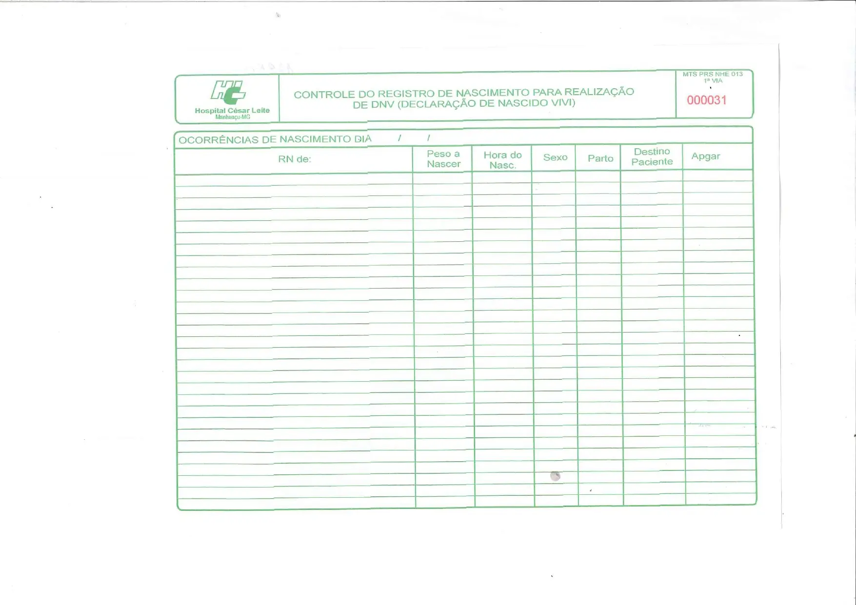CONTROLE REGISTRO DE NASCIMENTO PARA DNV